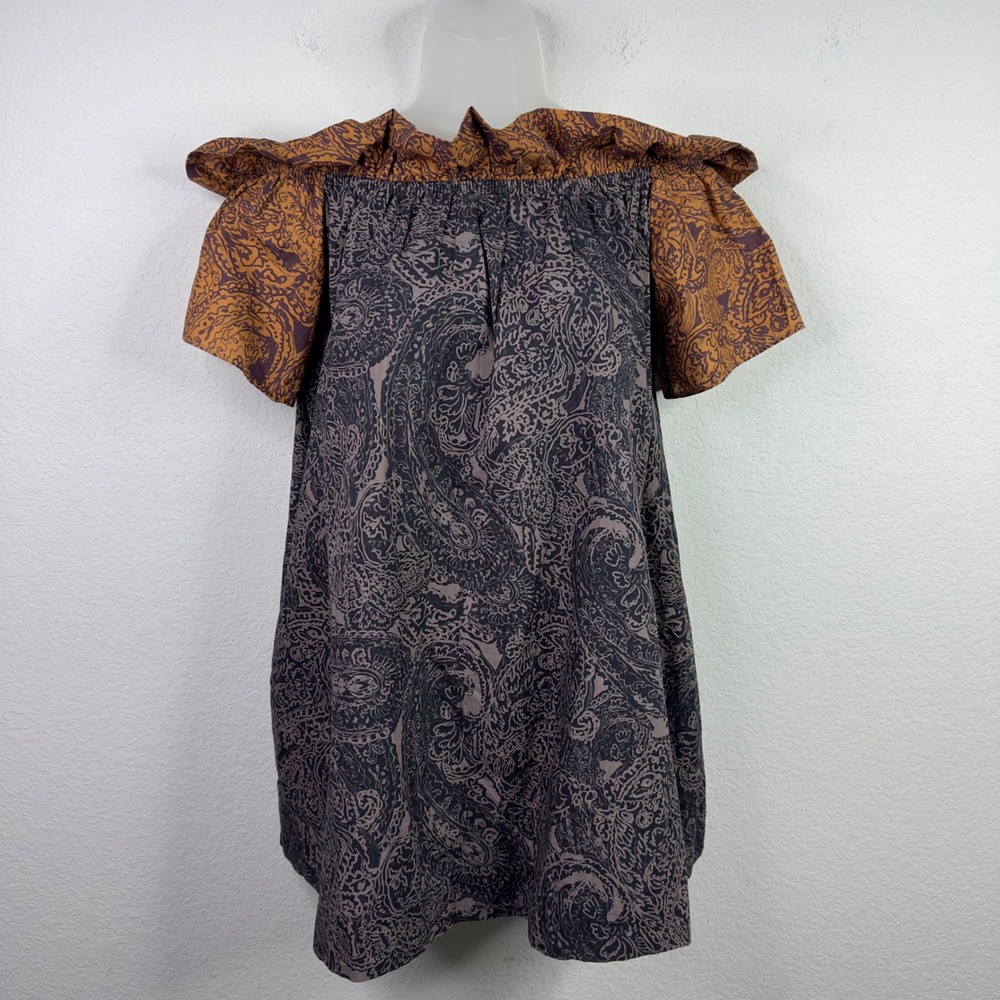 Free People Sophie Dress Womens M Gray Brown Printed Off Shoulder Paisley Boho
